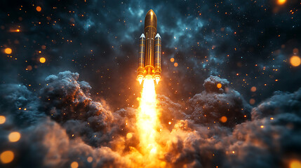 Powerful Rocket Launch into Space - Dramatic Night Sky with Fiery Exhaust