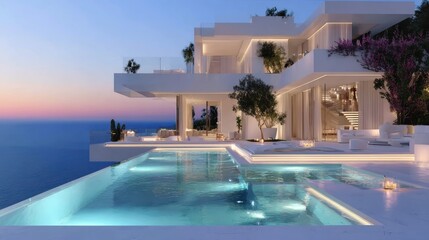 Fototapeta premium Stunning white modern luxury villa perched on a cliff, featuring an infinity pool with breathtaking ocean views at sunset, epitomizing coastal living