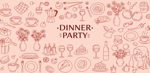 Set of hand drawn whimsical illustrations of food and drinks. Doodle drawings of italian and french food, cocktails, flowers and decor. Coquette line art in vintage style. 