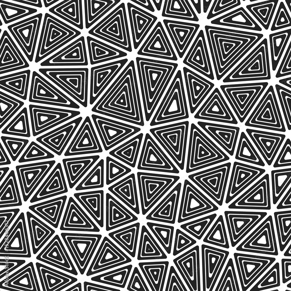 Poster abstract mosaic background. medium triangles size. multiple repeated inner triangles. black and whit