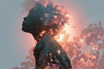 Fototapeta premium Surreal portrait blending nature elements with a glowing and ethereal atmosphere