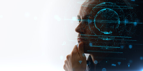 Silhouette of a thoughtful man overlaid with a digital globe and tech icons in blue color on white background. Concept of machine learning, artificial intelligence, AI, global business and big data