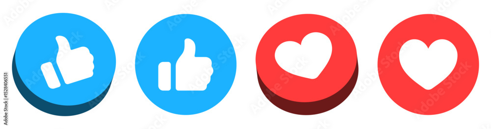Poster 3d like and love icon button. thumbs up and heart flat icon in modern 3d buttons circle shapes , soc