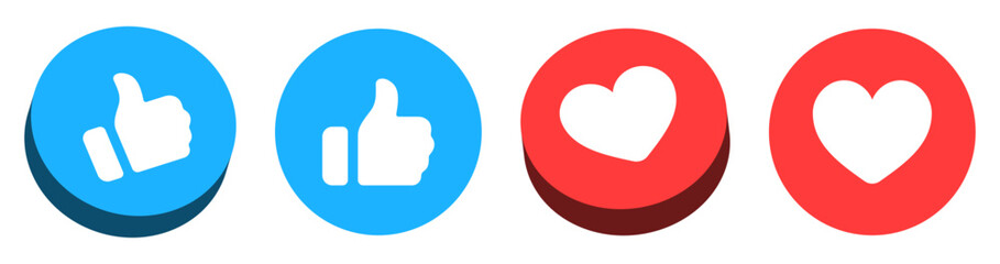3d Like and love icon button. Thumbs up and heart flat icon in modern 3d buttons circle shapes , Social media notification icons. emoji post reactions set. Vector illustration