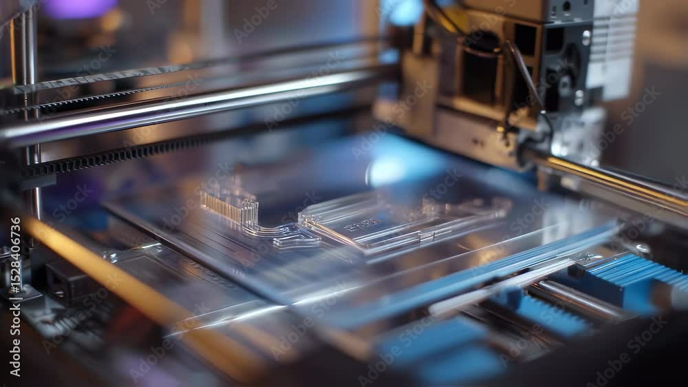 Poster advanced automated robotic arm creating a microchip or other electronic component on a transparent s