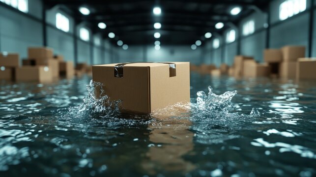 A lone cardboard box floats in a flooded warehouse, highlighting the impact of water damage while evoking feelings of loss and uncertainty about the consequences.