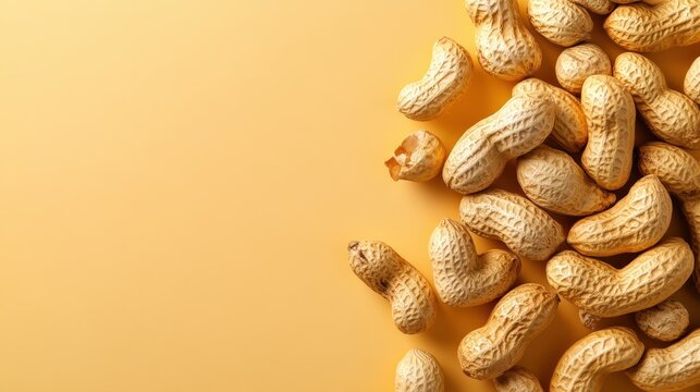 Unshelled peanuts are scattered on a bright yellow background, creating an energetic and playful vibe while representing nutrition and a joyful snack.