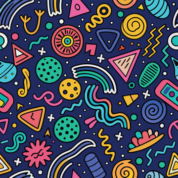 Vibrant, abstract pattern with various shapes and colors