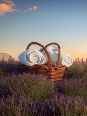 Woven basket filled with neatly rolled white towels, placed among vibrant lavender flowers under a serene sunset sky, creating a tranquil and inviting atmosphere