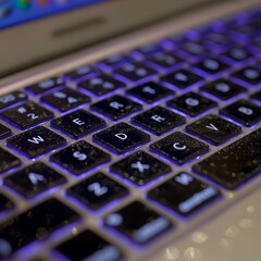 Close-up view of a laptop keyboard illuminated with a vibrant blue light, showcasing the sleek design and modern technology, ideal for digital workspace and creative environments