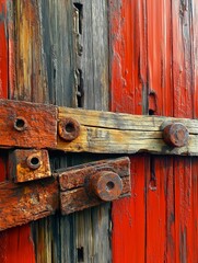 Close-up of weathered wooden door with vibrant red paint, showcasing rusty metal hinges and bolts, highlighting texture and craftsmanship in a rustic setting