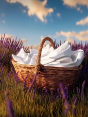 Woven basket filled with white linens resting in a field of vibrant lavender flowers under a bright blue sky, creating a serene and picturesque outdoor scene