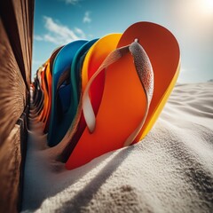 Colorful flip flops arranged in a row on sandy beach, with sunlight illuminating vibrant hues and creating a cheerful summer atmosphere for relaxation and leisure