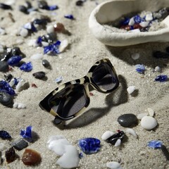 Stylish sunglasses resting on sandy beach surrounded by colorful pebbles and glass fragments, capturing a vibrant summer vibe and beach lifestyle essence