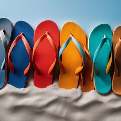 Colorful flip flops arranged in a row on sandy beach, showcasing vibrant hues of orange, red, blue, and yellow, evoking a sense of summer relaxation and fun