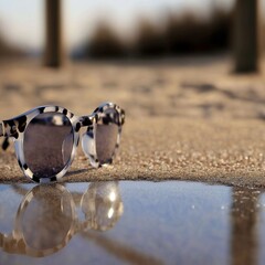 Stylish sunglasses with a unique spotted design resting on sandy beach, reflecting sunlight and surrounded by tranquil water, evoking a summer vibe and relaxation