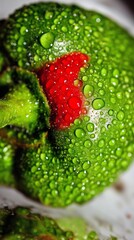 Close-up of a fresh green bell pepper with droplets of water on its surface, showcasing vibrant colors and textures, highlighting freshness and natural produce appeal