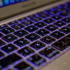 Close-up view of a laptop keyboard illuminated with purple backlighting, showcasing the intricate details of the keys and the sleek design of modern technology in a workspace environment