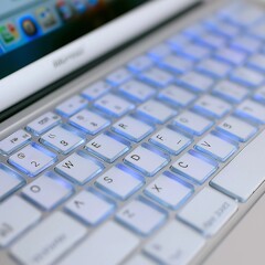 Close-up view of a modern laptop keyboard with illuminated keys, showcasing sleek design and technology, ideal for digital work and creative tasks in a contemporary workspace