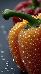 Close-up of vibrant orange bell pepper with water droplets on surface, showcasing freshness and texture, with a blurred red pepper in the background, emphasizing natural produce