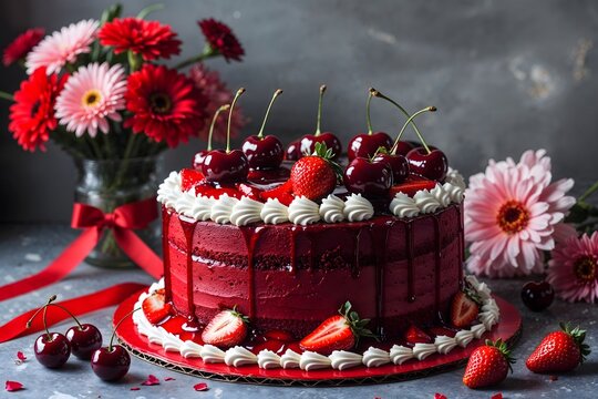 Beautiful birthday greeting card with cake and flowers