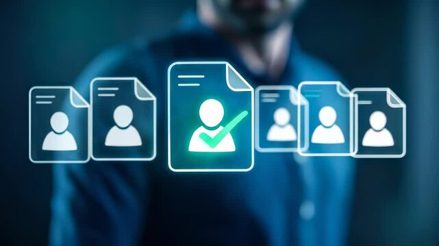 HR Tech: Hand Selects Candidate from Digital Resume Pool on Virtual Screen. Recruitment, Talent Acquisition, AI Hiring Platform Concept. 4K Video Footage, Animation