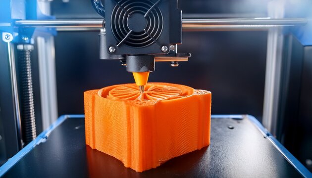 close up of 3d printer in action creating an orange object