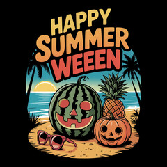 A playful blend of summer and Halloween is depicted with a watermelon jack-o-lantern, pineapple, and pumpkin set against a beach backdrop with Happy Summerween
