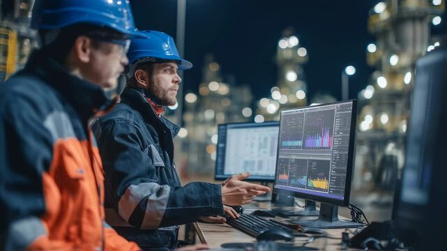Industrial engineers wearing safety gear monitoring production process using computers and discussing data in brightly lit industrial facility during night shift - Powered by Adobe