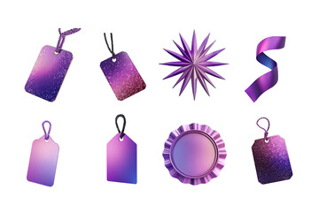 A collection of vibrant purple tags, ribbons, and decorative elements suitable for creative projects, including branding, marketing, or web design, adding a touch of elegance.