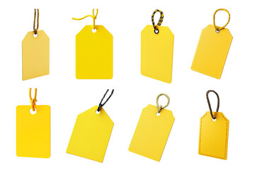 A collection of vibrant yellow price tags, showcasing various shapes and designs. Perfect for product labeling, sale promotions, or creative projects in graphic design.