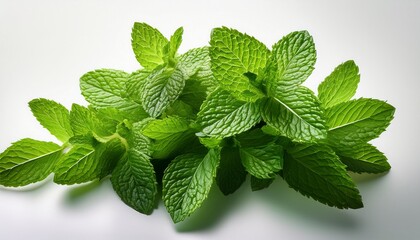 a bunch of fresh mint leaves cut out from a stem with a few stray leaves surrounding it placed on a white background for better visibility culinary garnish foliage