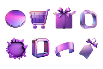 A collection of vibrant purple graphic elements including buttons, shopping cart, gift box, and ribbons, perfect for digital design projects and modern visual communication.