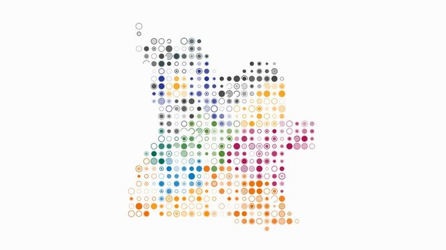 Angola dotted animation. Shape of the country built of pulsating colored dots. Large size circle blocks. Digital style map on white background. Modern video.