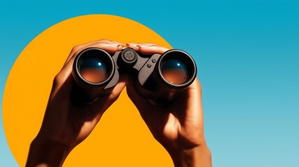 Hands Holding Binoculars Against Blue Sky and Orange Sun – Vision, Exploration, and Future Opportunity Concept