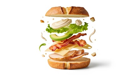 Gourmet Sandwich Ingredients Exploding Food Photography Commercial isolated on white background 