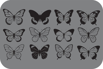 Elegant Butterfly Silhouettes A Collection of Twelve Stylized Butterflies in Black Against a Neutral Gray Background Showcasing Diverse Wing Patterns and Shapes in a Symmetrical
