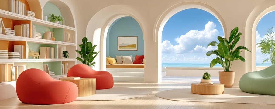 Modern spacious lounge with bright colors and ocean view