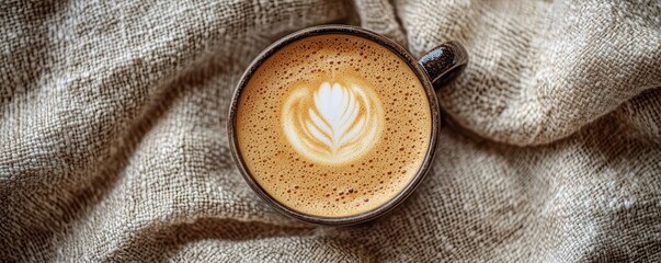 National cappuccino day with hot caffeine idea. Coffee cup with latte art on a textured background.