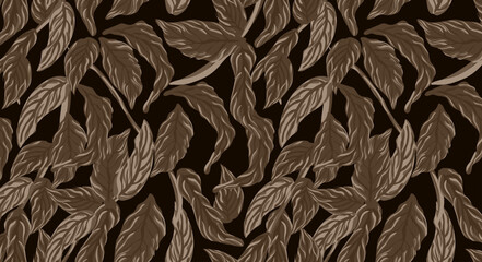 Seamless flower pattern. Abstract pattern. Textile print pattern. Black background and coffee color leaf design