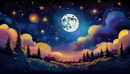 a celestial night sky with a full moon and shimmering stars illuminating the darkness colorful illustration art generative ai