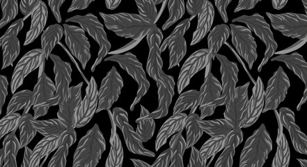 Seamless flower pattern. Abstract pattern. Textile print pattern. Black background and grey leaf design.