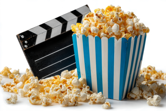 movie clapperboard and popcorn icon isolated on a transparent background with a clipping path	
