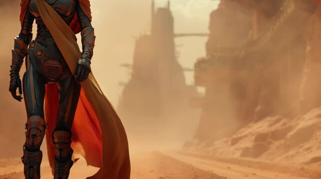 A lone female cyborg figure in a hooded cloak walks through a dusty, futuristic desert landscape. Abandoned structures rise in the background under a smoky sky. future world, science fiction.