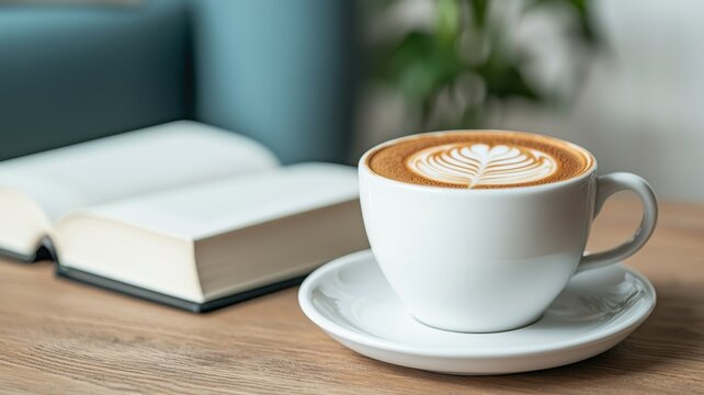 National cappuccino day with hot caffeine idea. A coffee cup beside an open book on a wooden table.