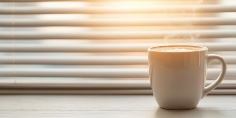 National cappuccino day with hot caffeine idea. Cozy coffee cup with steam against a light background.