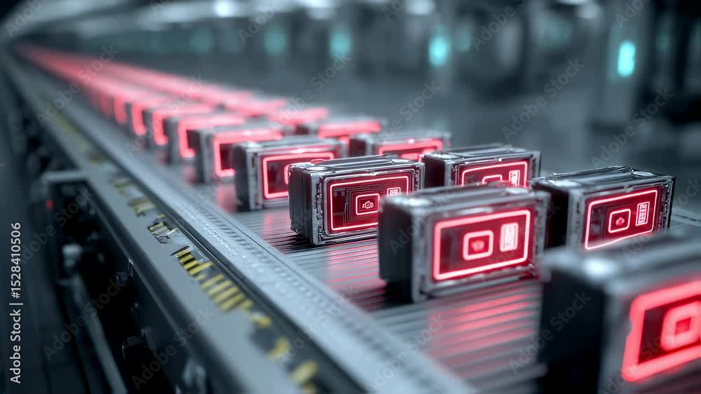 Poster server units with glowing red lights move along an assembly line in a futuristic factory, showcasing