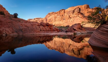 serene reflection of a rugged rock formation at a calm water hole in glen helen gorge nature rock formations