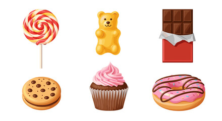 Assorted sweets and treats vector illustration featuring lollipop gummy bear chocolate cookie cupcake and donut