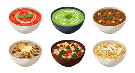 Delicious soup bowls collection featuring tomato, lentil, vegetable, and noodle soup varieties ideal for lunch